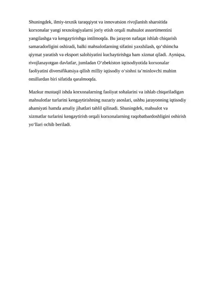 Korxonalarning Faoliyat Sohalarini va Ishlab Chiqariladigan Mahsulotlar Turlarini Kengaytirish 3