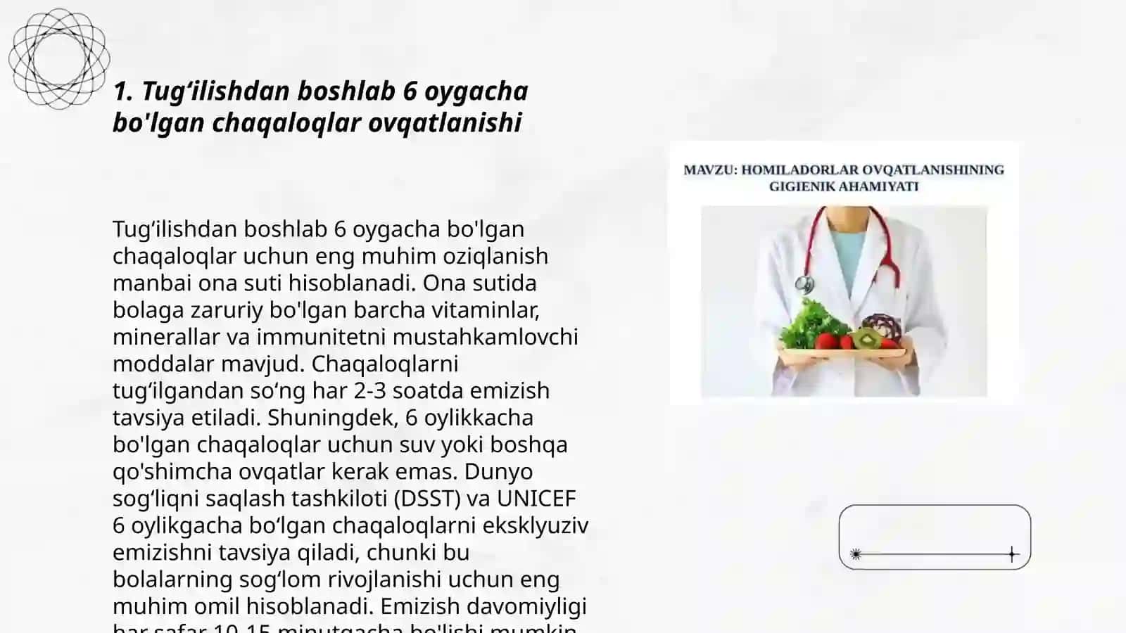 Turli yosh davirlarda bolalar ovqatlanishining oʻziga xosligi ovqatlanish gigenasi 3