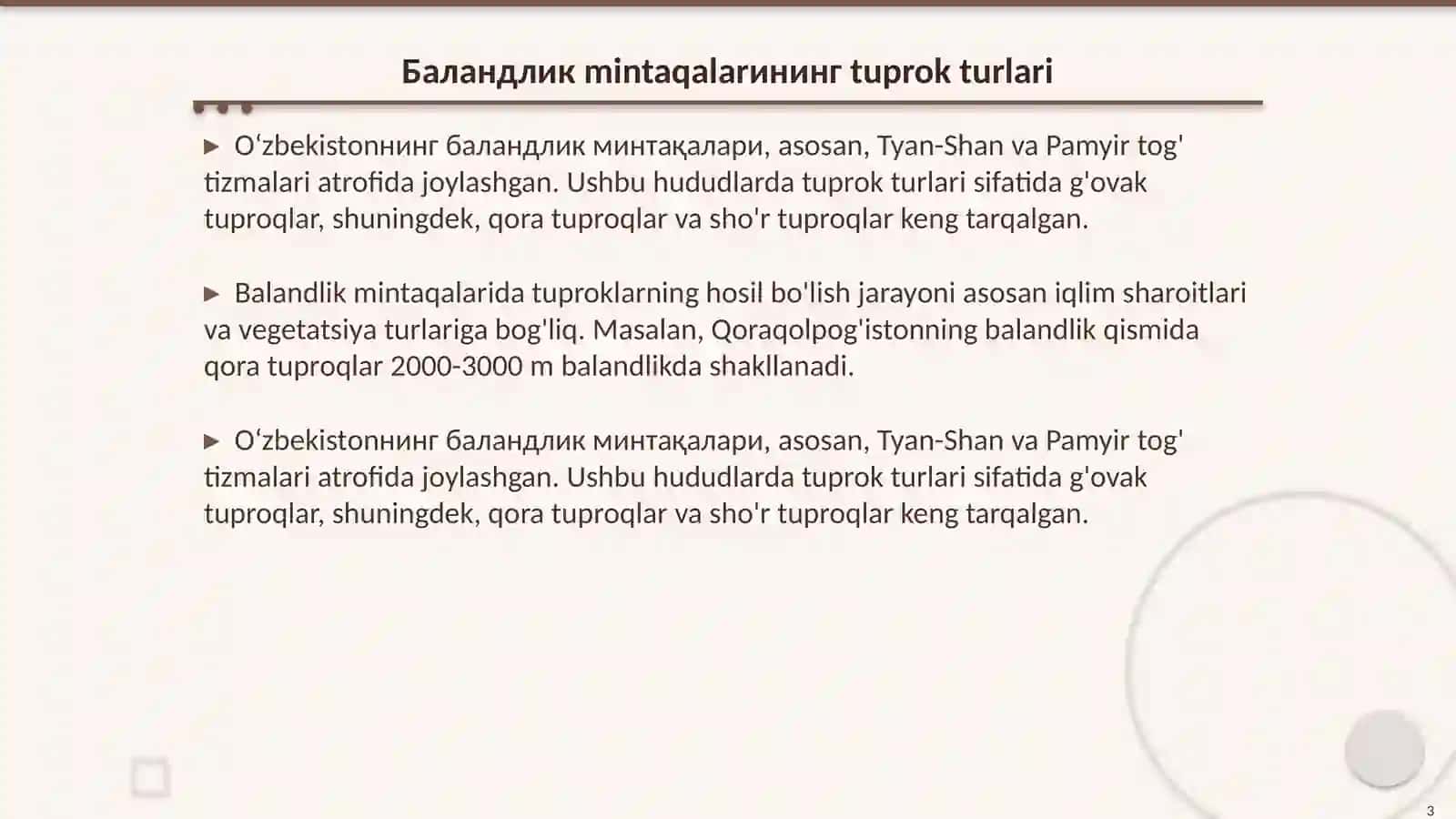 Узбекистоннинг баландлик минтакаси тупроклари жойлашуви географияси 3