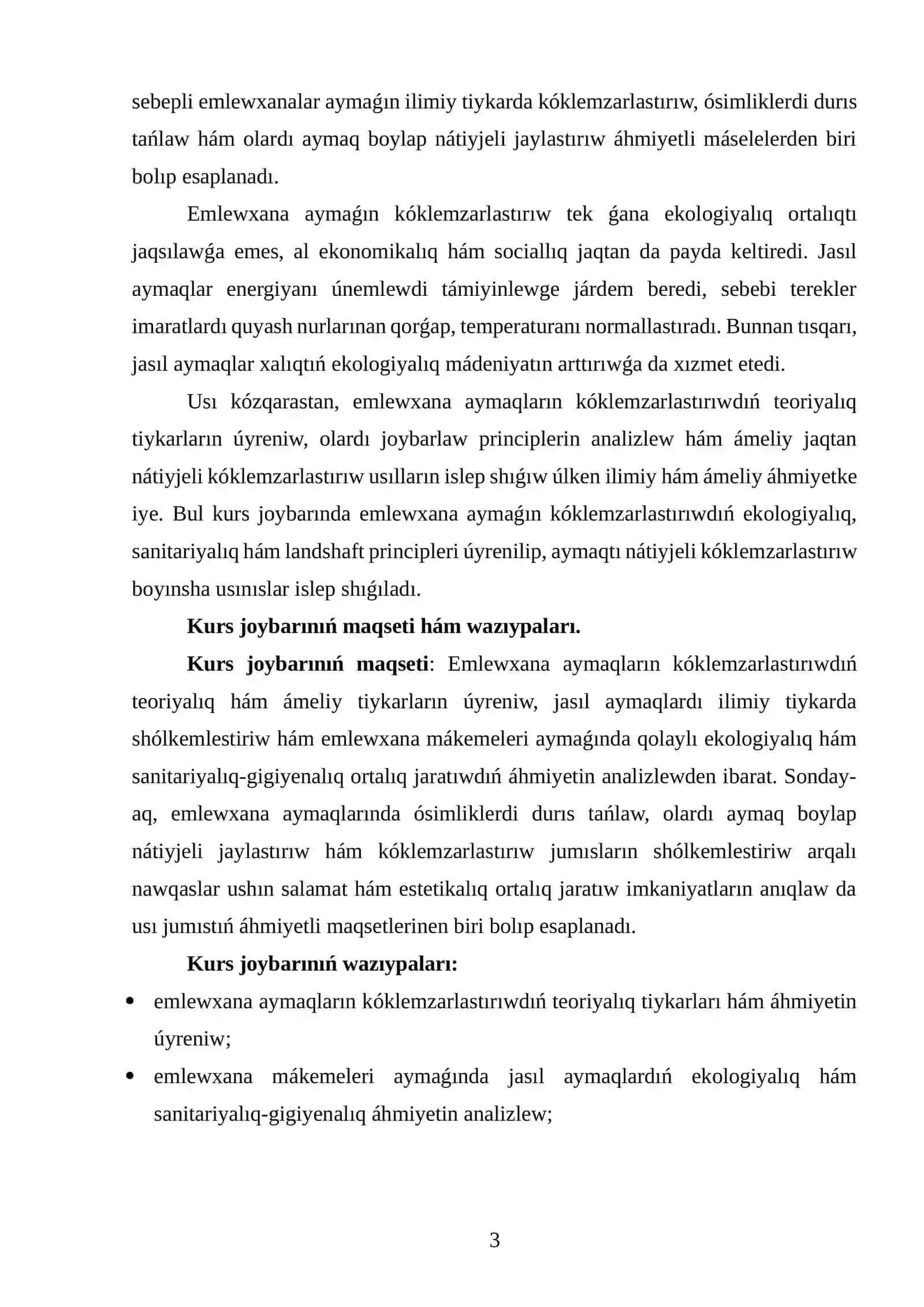 EMLEWXANALAR AYMAQLARIN KÓKLEMZARLASTIRIWDIŃ EKOLOGIYALIQ HÁM SANITARIYALIQ TIYKARLARI 3