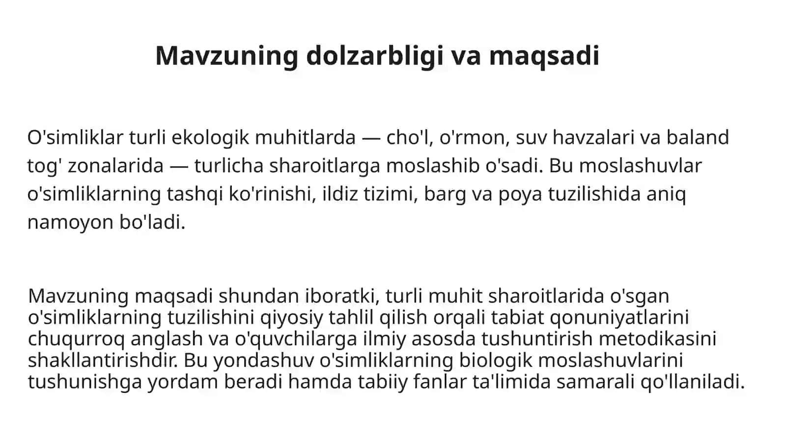 Turli muhit sharoitida o'sgan o'simliklarning tuzilishini taqqoslash 3