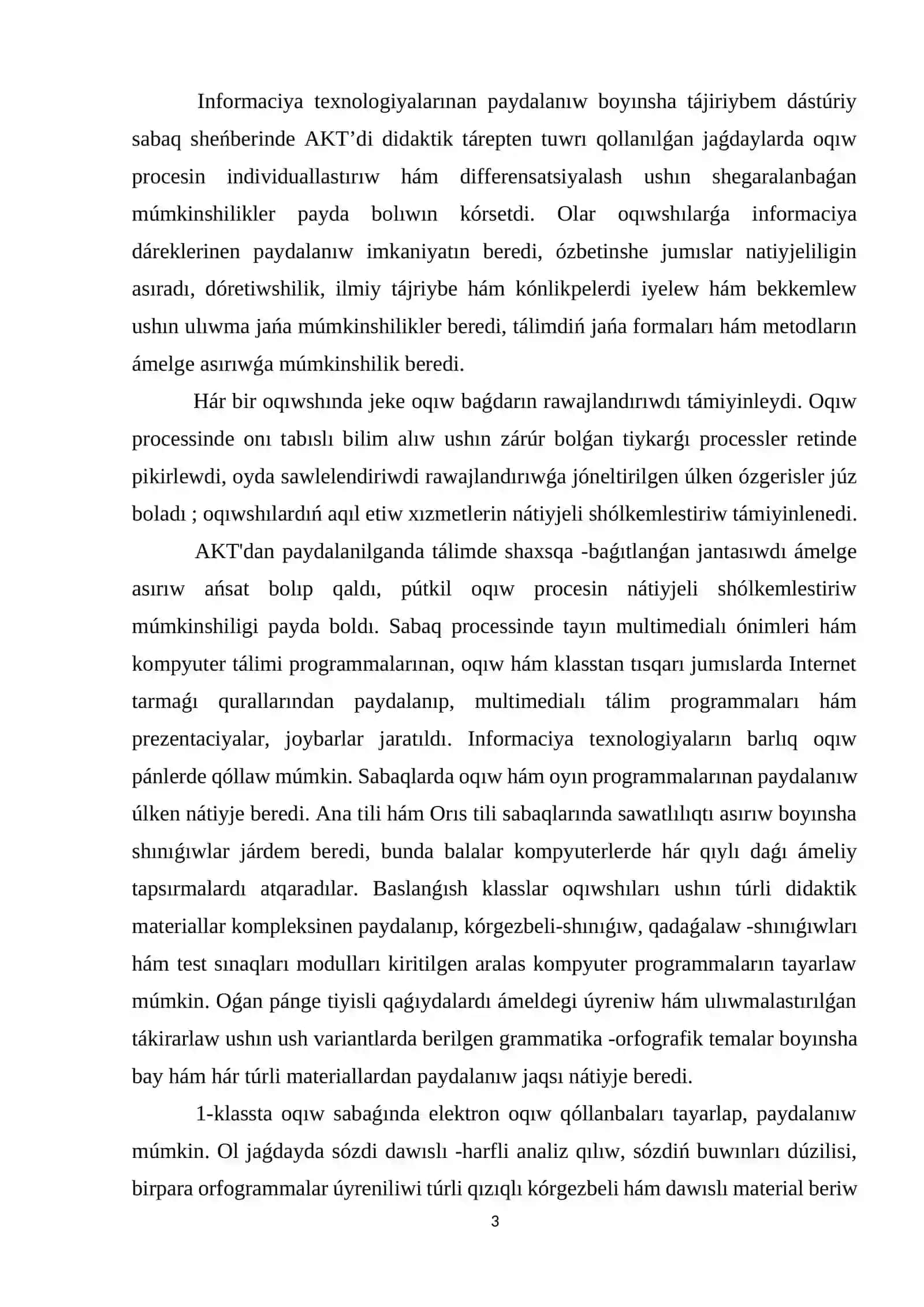 Baslawısh klass oqıwshılarınıń normativ hújjetleriniń tayarlawda word baǵdarlamasın paydalanıw 3