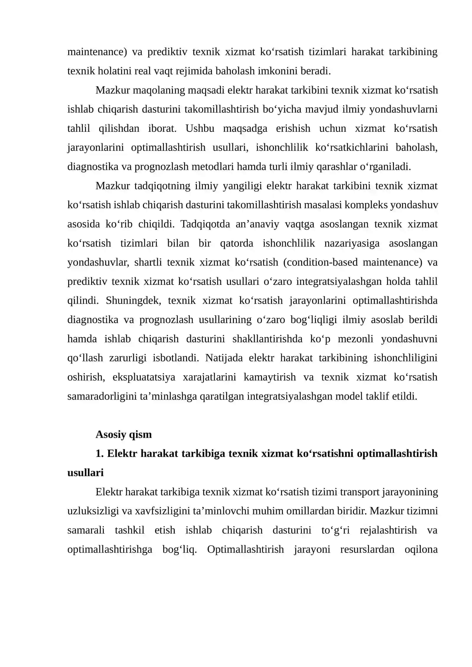 Elektr harakat tarkibini texnik xizmat ko‘rsatish ishlab chiqarish dasturini takomillashtirish bo‘yicha ilmiy yondashuvlarni tahlil qilish 3