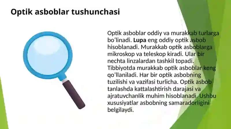 Optik asboblar va ularning kattalashtirish darajasini anqilash. Mikroskop xa	qida tushuncha. Mikroskopning optik sistemalarining kattalashtirish darajasini aniqlash 3
