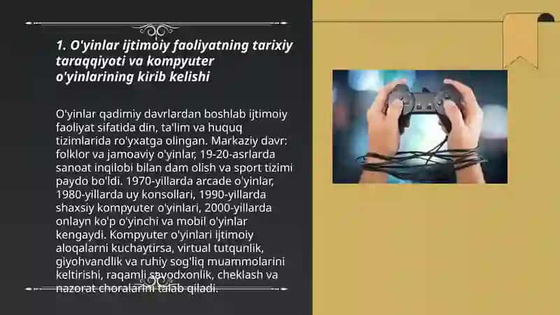 O’yinlar ijtimoiy faoliyat sifatida kopyuter va virtual o`yinlarning asoratlari virtual tutqunlikka qarshi kurash 3