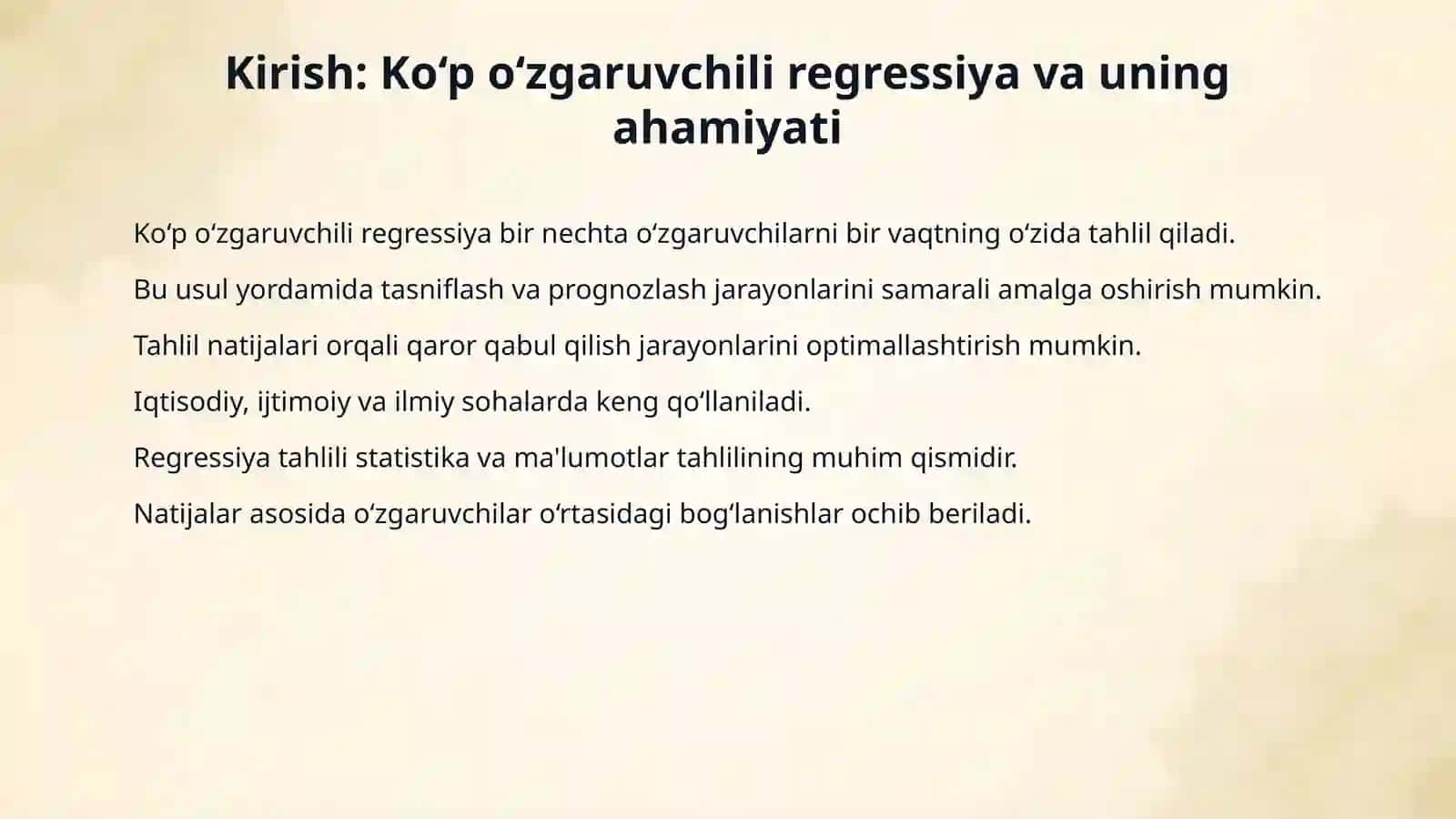 Ko‘p o‘zgaruvchili chiqizli regressiya va Polinomal regressiya asosida model ishlab chiqish. 3