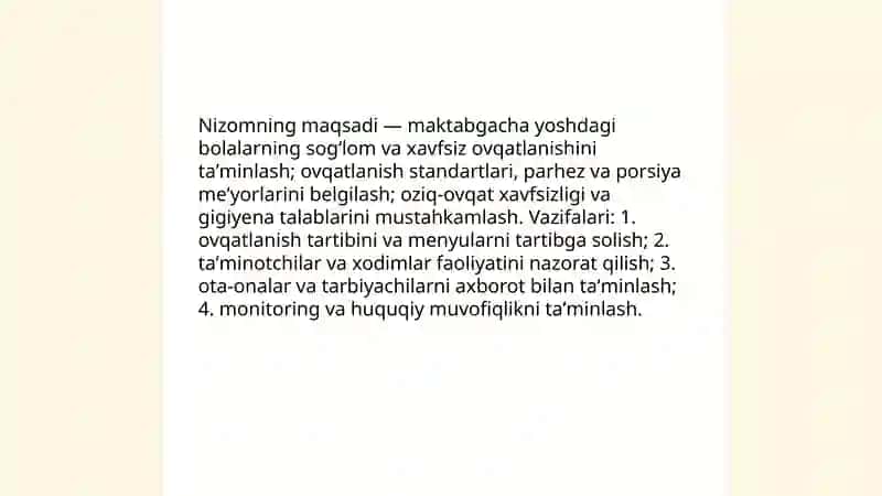 Maktabgach yoshdagi bolalarning sogʻlom va xavsiz ovqatlantirish togrisidagi nizomning mazmun mohiyati 3