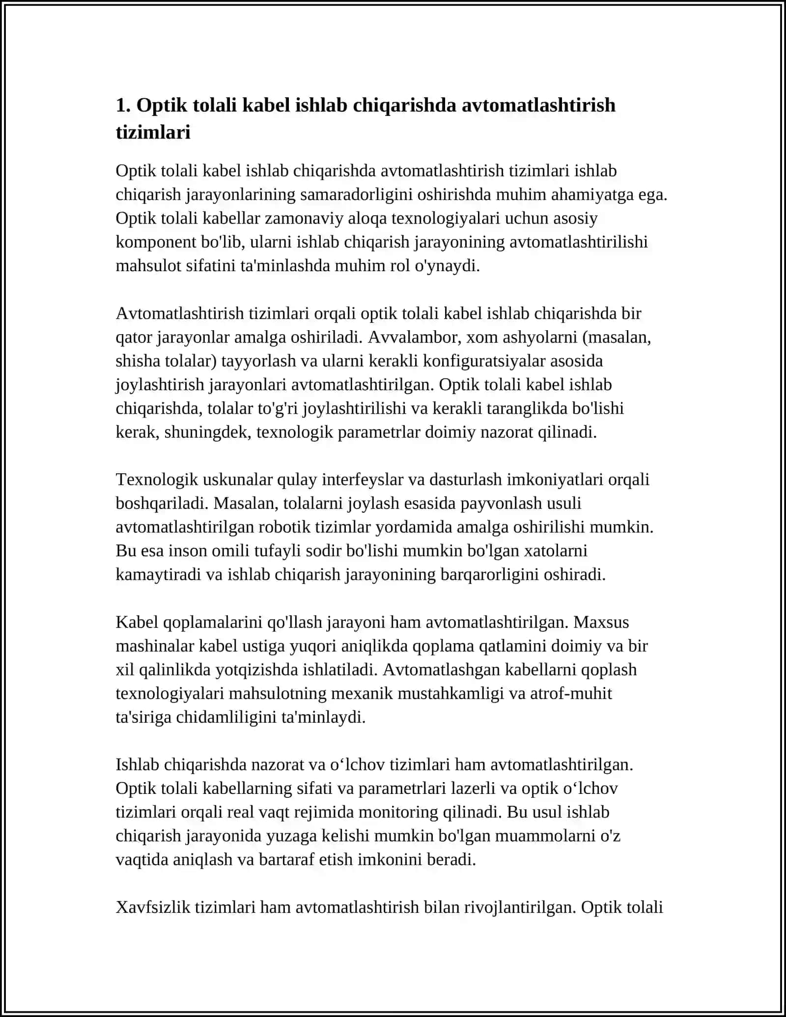 OPTIK TOLALI KABEL ISHLAB CHIQARISH JARAYONLARINI AFTOMATLASHTIRISH 3