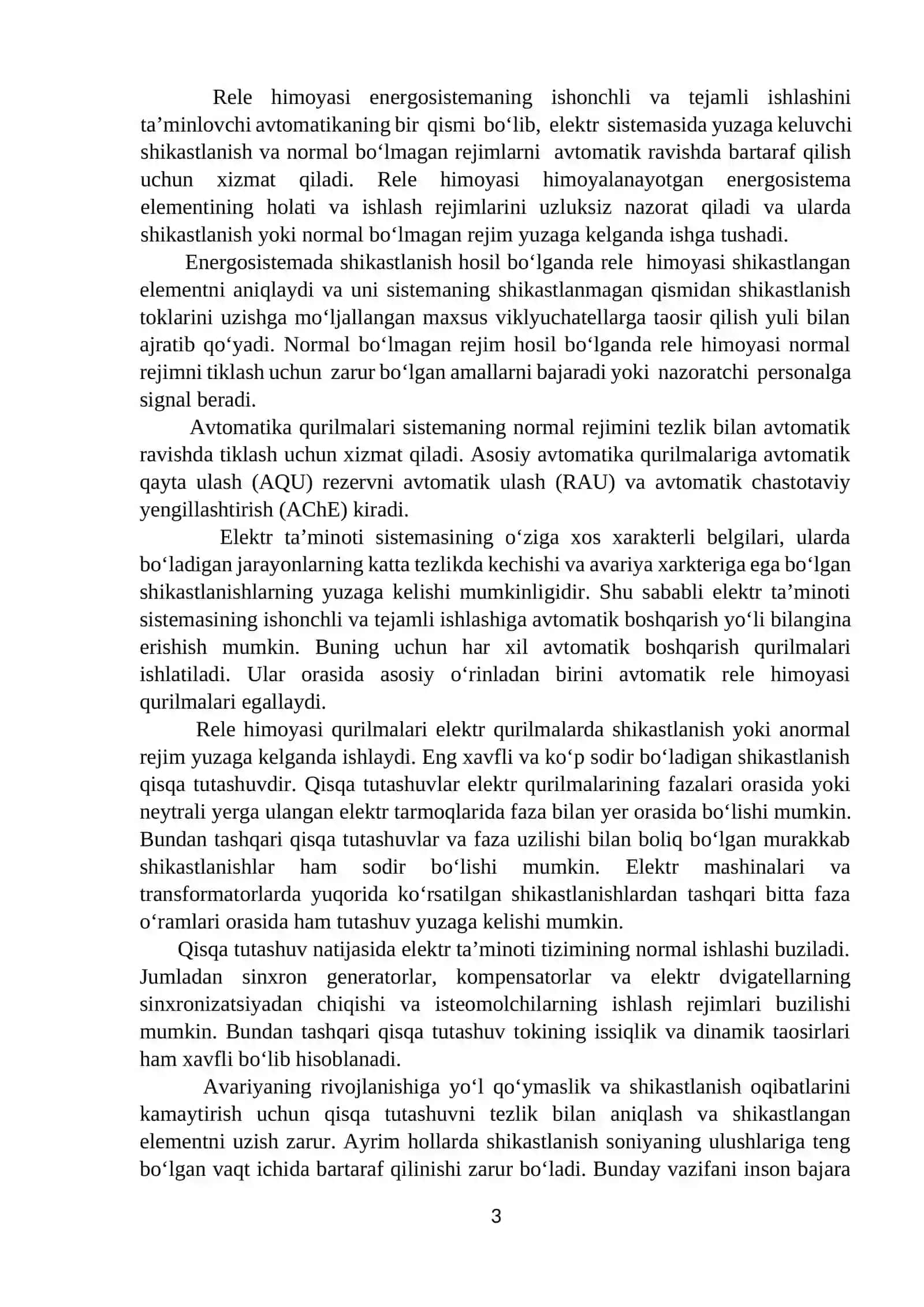 Elektr ta’minoti tarmoqlarida avtomatika va rele himoyasi fanidan kurs ishi 3