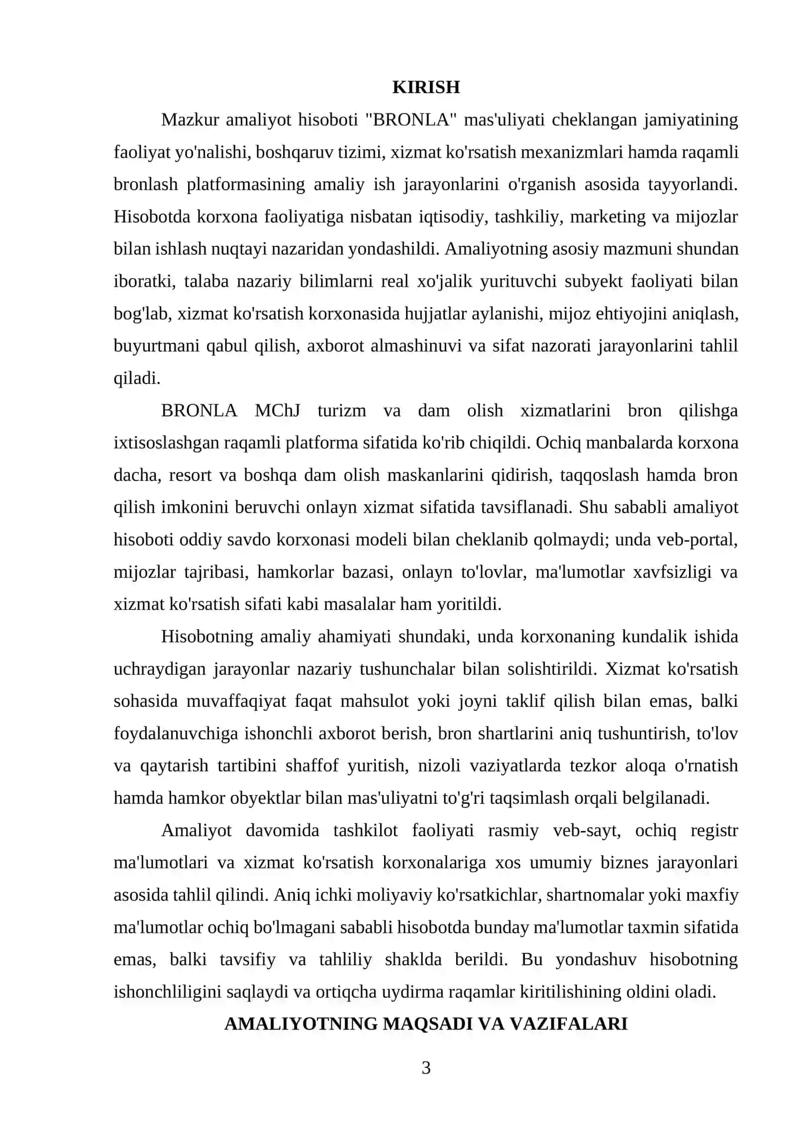 HISOBOT "BRONLA" MAS'ULIYATI CHEKLANGAN JAMIYATIDA O'TKAZILGAN ISHLAB CHIQARISH AMALIYOTI BO'YICHA HISOBOT 3