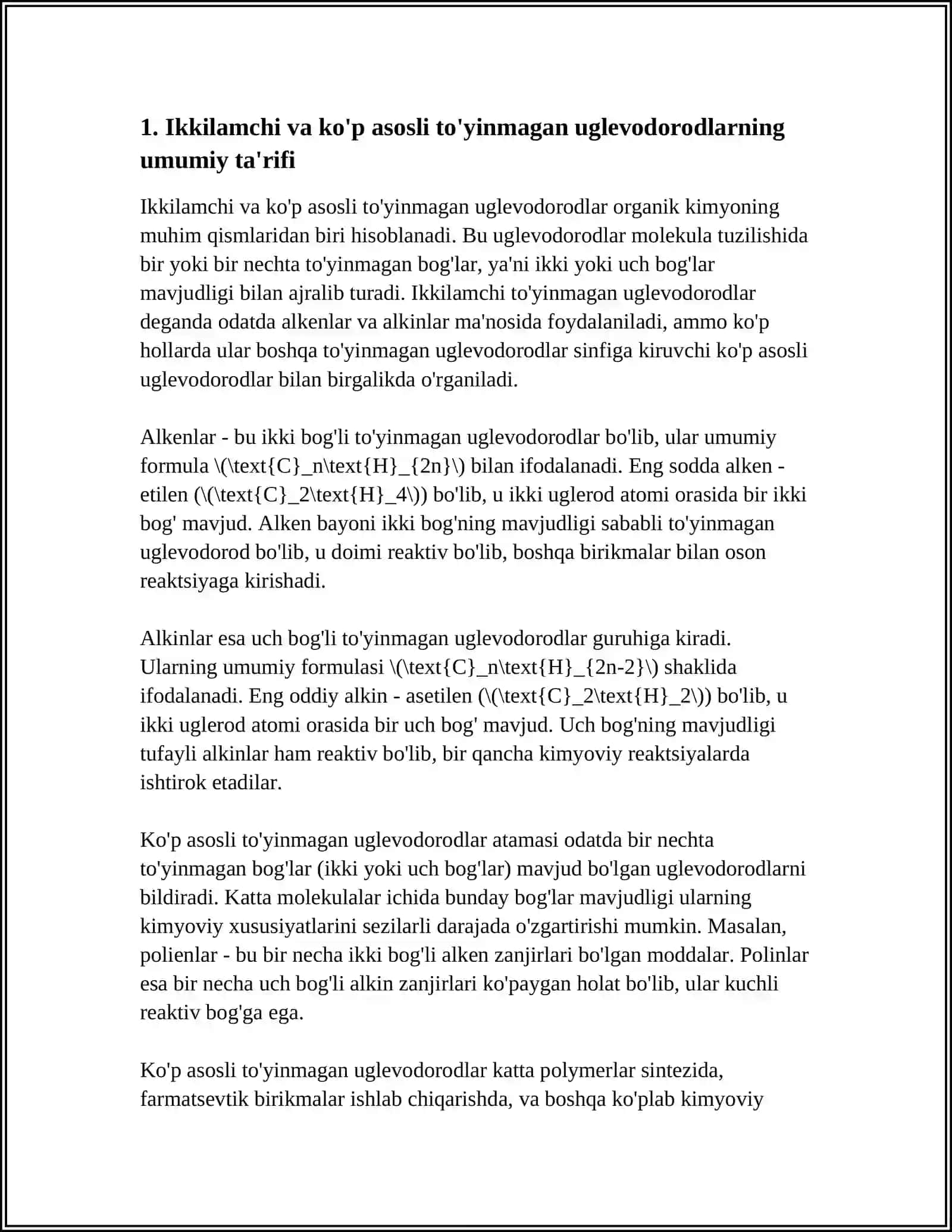MUSTAQIL ISH Mavzu: IKKI VA KOʻP ASOSLI TOʻYINMAGAN UGLEVADORODLAR 3