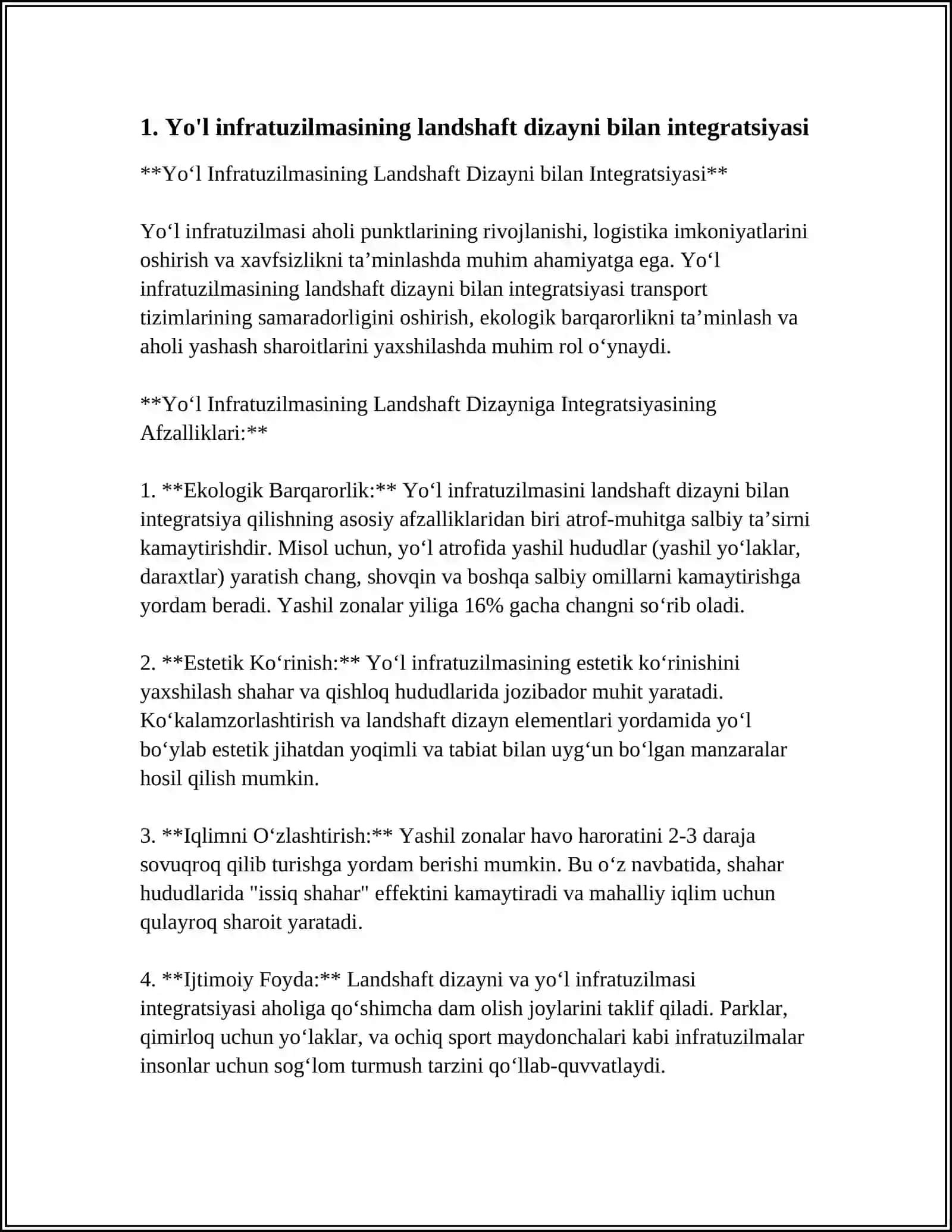 TRASSA ELEMENTLARINI LANDSHAFT BILAN UY'GUNLASHUVI. YO'L ATROFINI ARXITEKTURAVIY BADIIY BEZASH 3