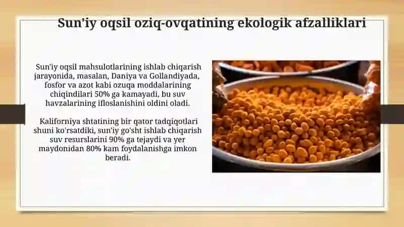 Sun'iy oqsil ozuqa moddalarining ishlab chiqarilishi va kelgusidagi imkoniyatlar 3