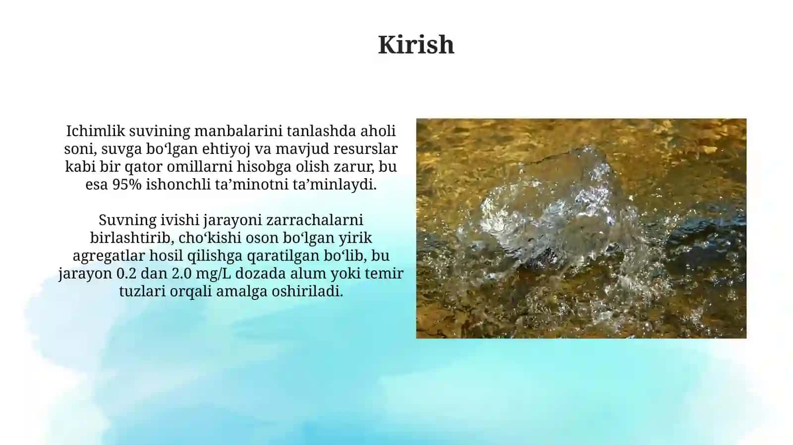 Ichimlik suvi manbai tanlash, suv kaogulyatsiyasi va xlorlash ustidan nazorat 3