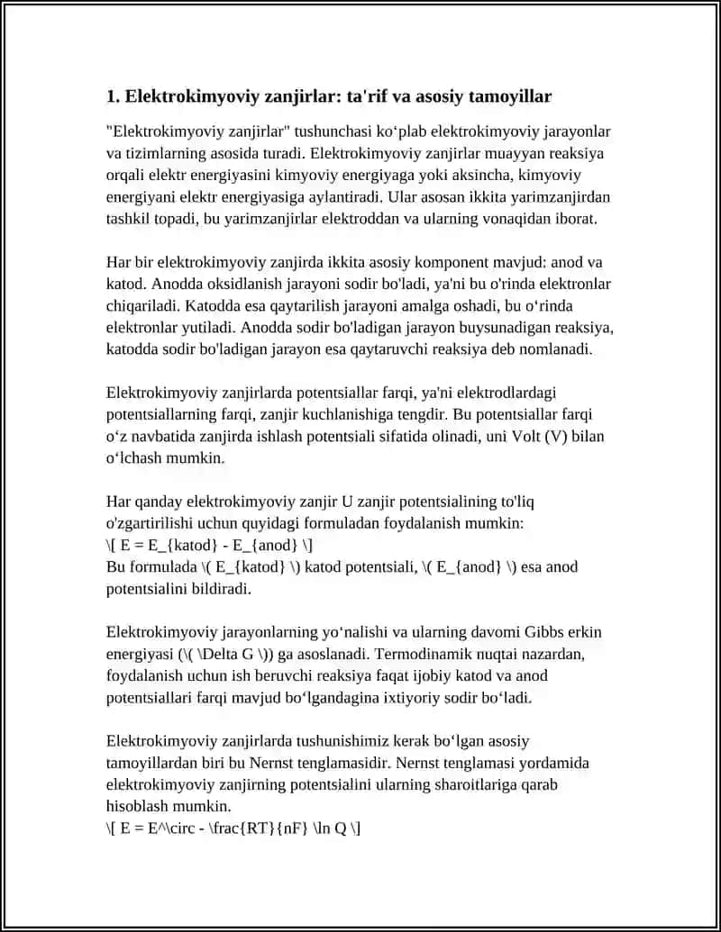 ELEKTROKIMYOVIY ZANJIRLAR.NERNST TENGLAMASI.METALLARNING STANDART ELEKTROKIMYOVIY PATENSIALLARI QATORI VA UNI QOLLANISHI 3