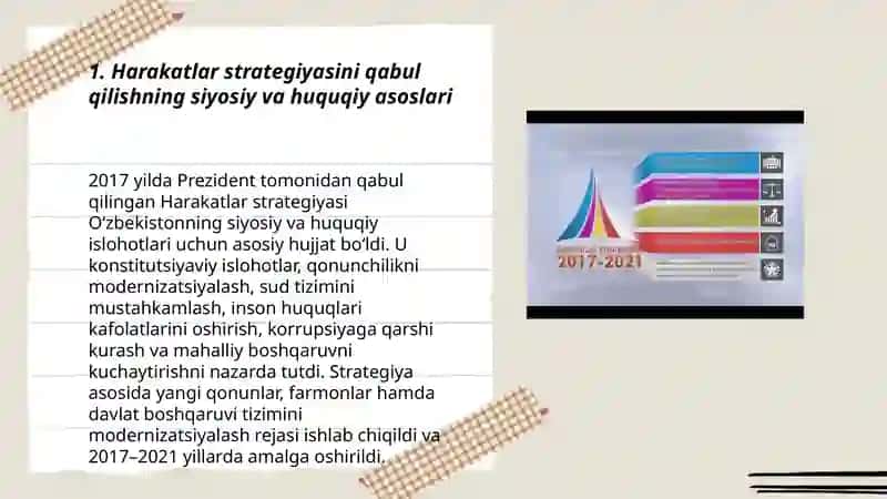 2017-2021- yillarda O'zbekiston rivojlantirishning beshta ustuvor yo'nalishi "Harakatlar strategiyasini" ning qabul qilinishi 3