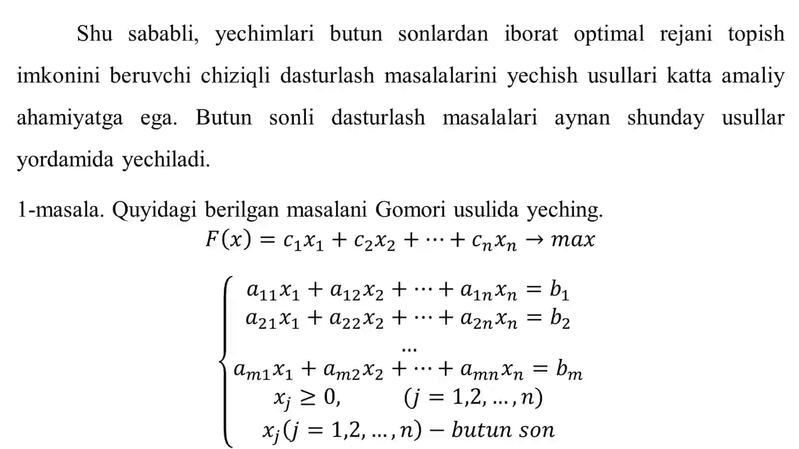 CHIZIQLI DASTURLASH MASALASI. GOMORI USULI 3