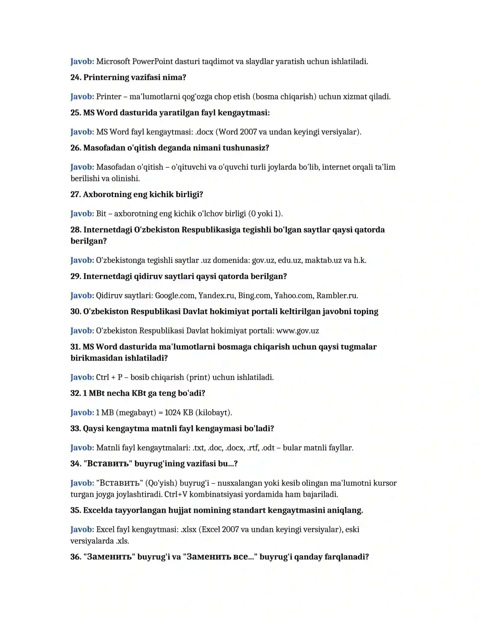 Informatika fanidan savol va javoblar 3