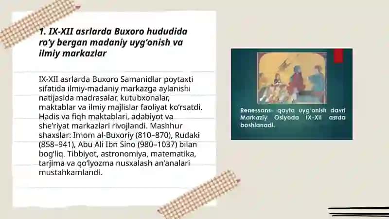 IX-XII asrlarda mamlakatimiz hududlarida roʻy bergan madaniy uygʻonish(Renessans) 3