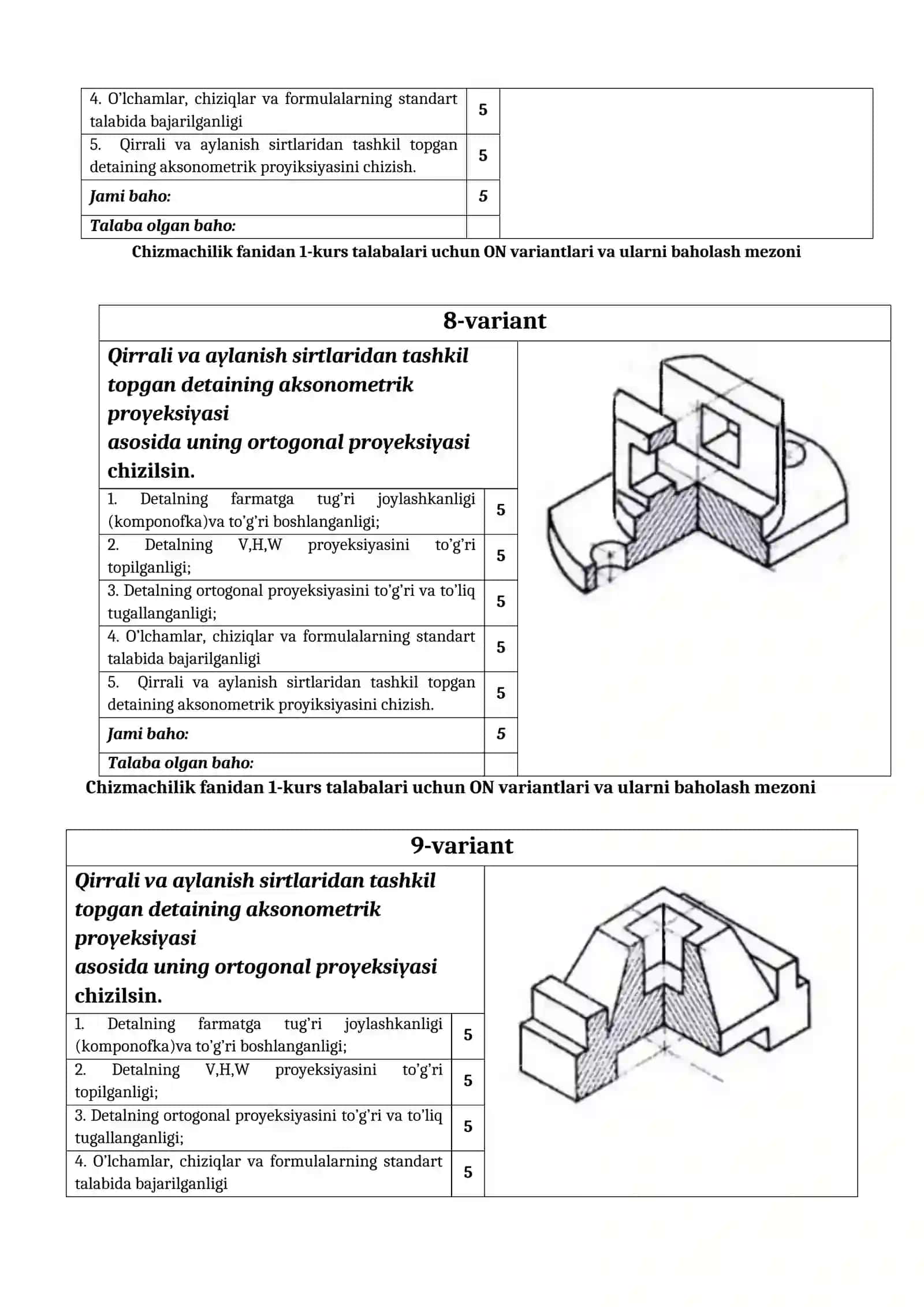 Qirrali va aylanish sirtlaridan tashkil topgan detaining aksonometrik proyeksiyasi 3