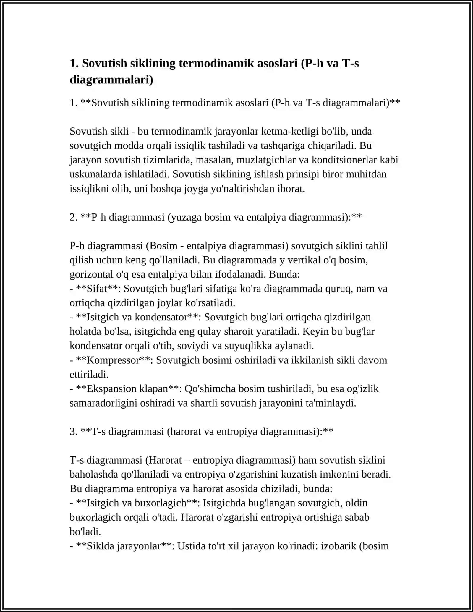 Sovutish siklining termodinamik asoslari (P-h va T-s diagrammalari) 3