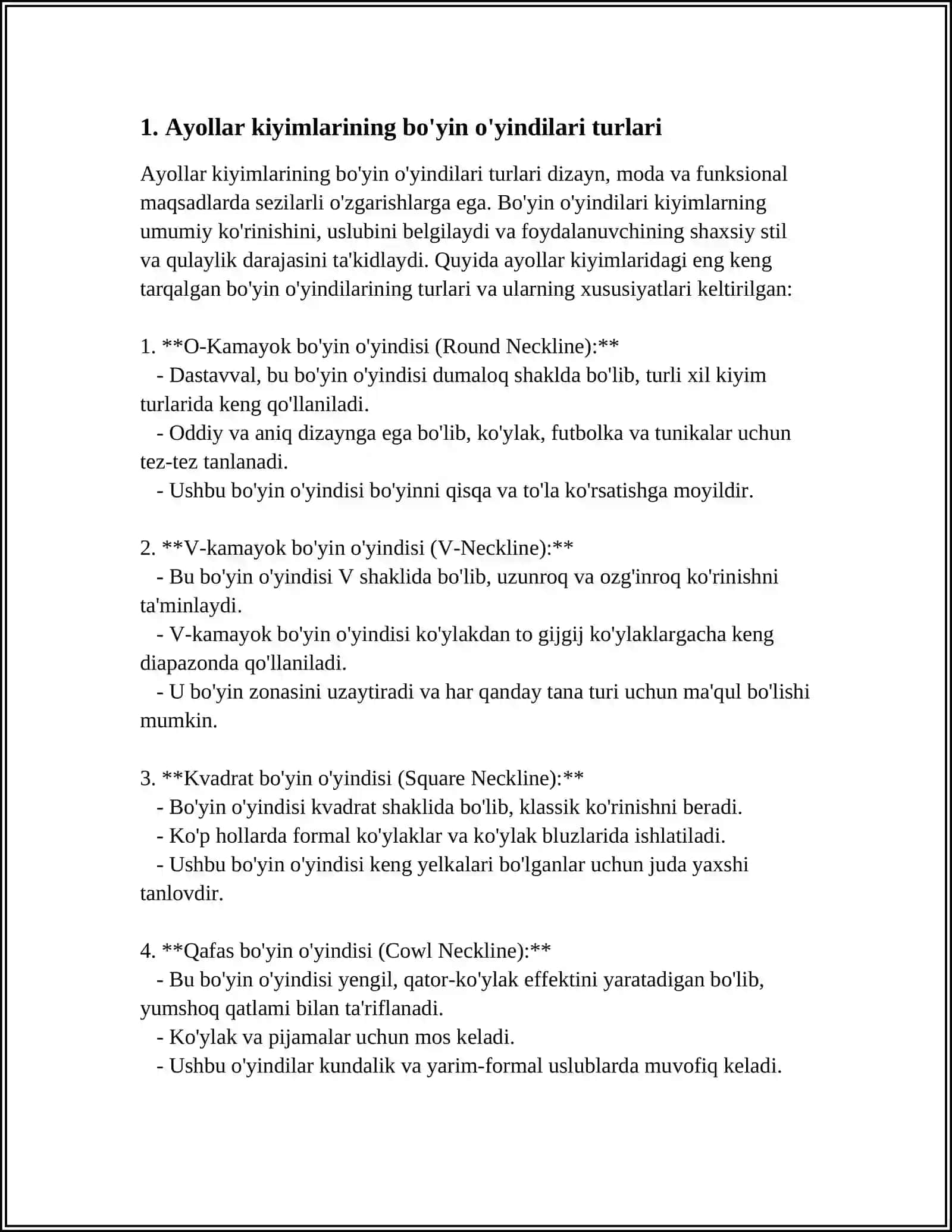 AYOLLAR KIYIMLARINING BO'YIN O'YINDILARIGA ISHLOV BERISH NAMUNALARINI TAYYORLASH 3