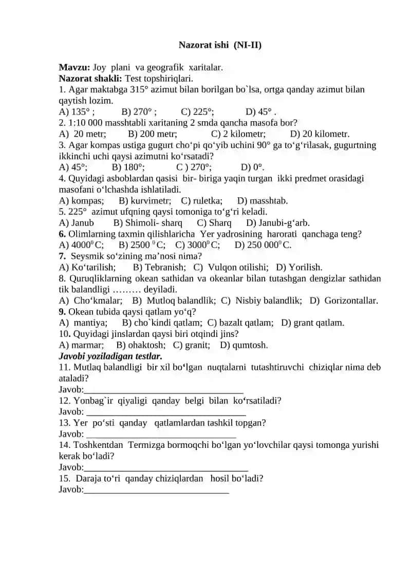 GEOGRAFIYA fanidan nazorat ishlarini o‘tkazish bo‘yicha namunaviy topshiriqlar (5 – 9 sinf) 3