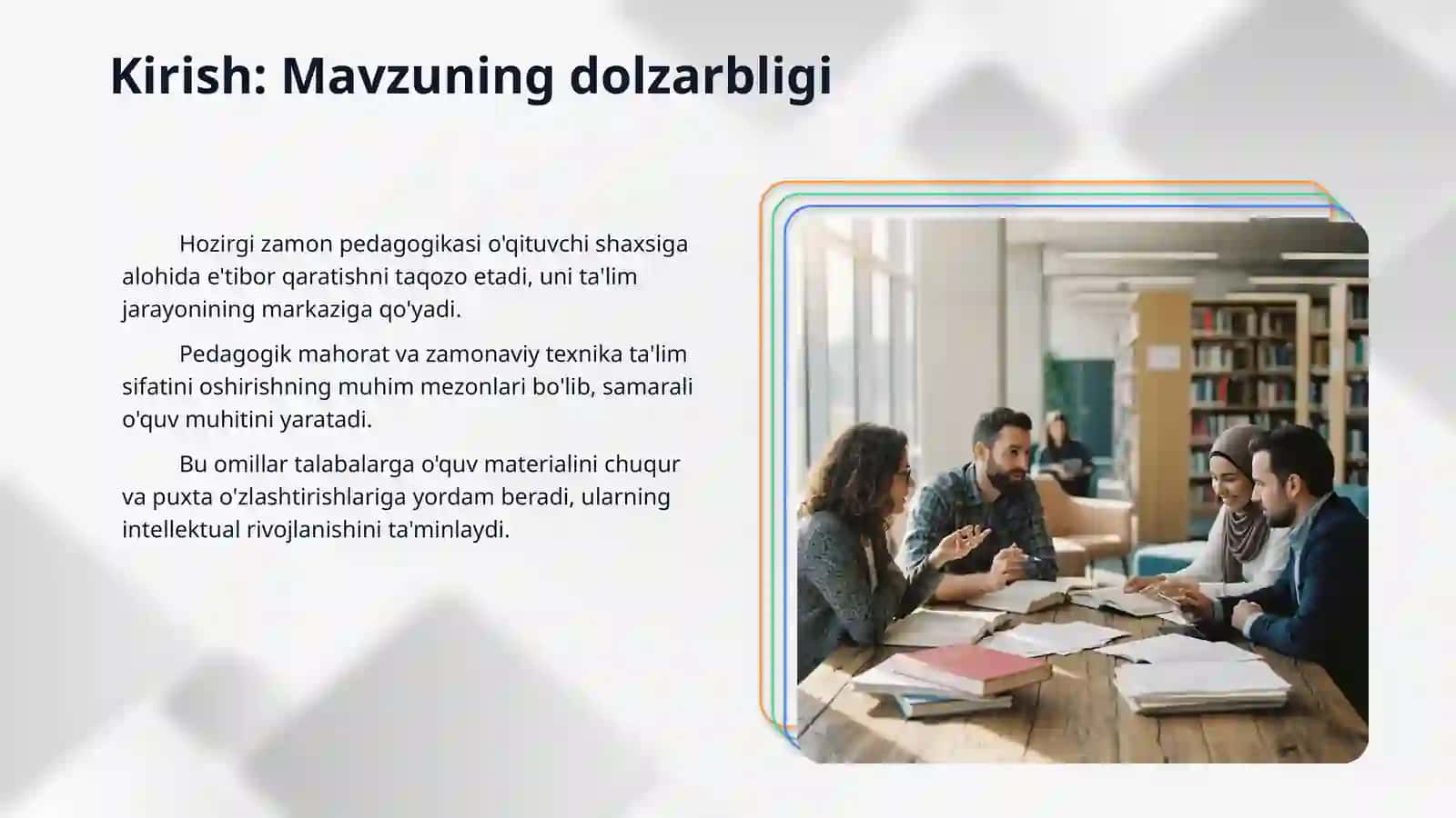 Hozirgi zamon pedagogikasida ilmiy pedagogik adabiyotlarda pedagogik mahorat, pedagogik texnika (uning tizimi va mohiyati haqida olg'a surilgan g'oyalar 3