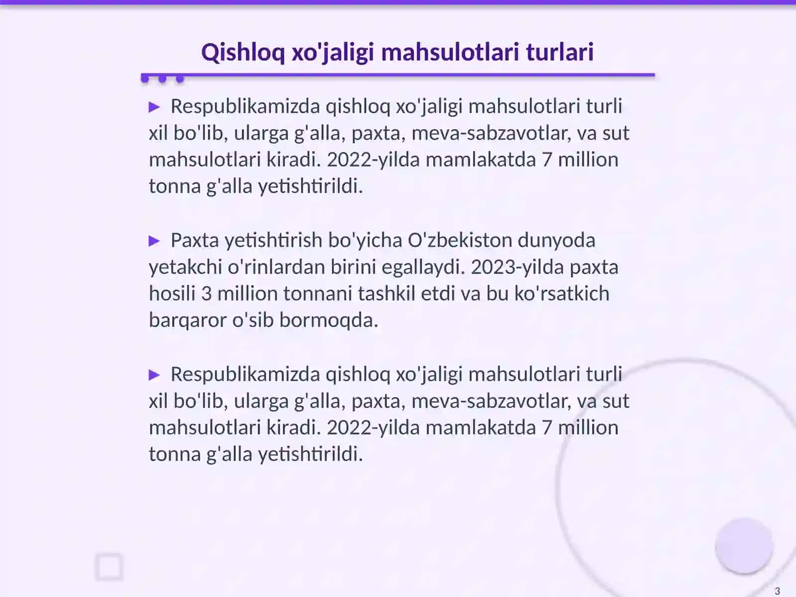 Qishloq xo'jaligi mahsulotlari statistikasi 3