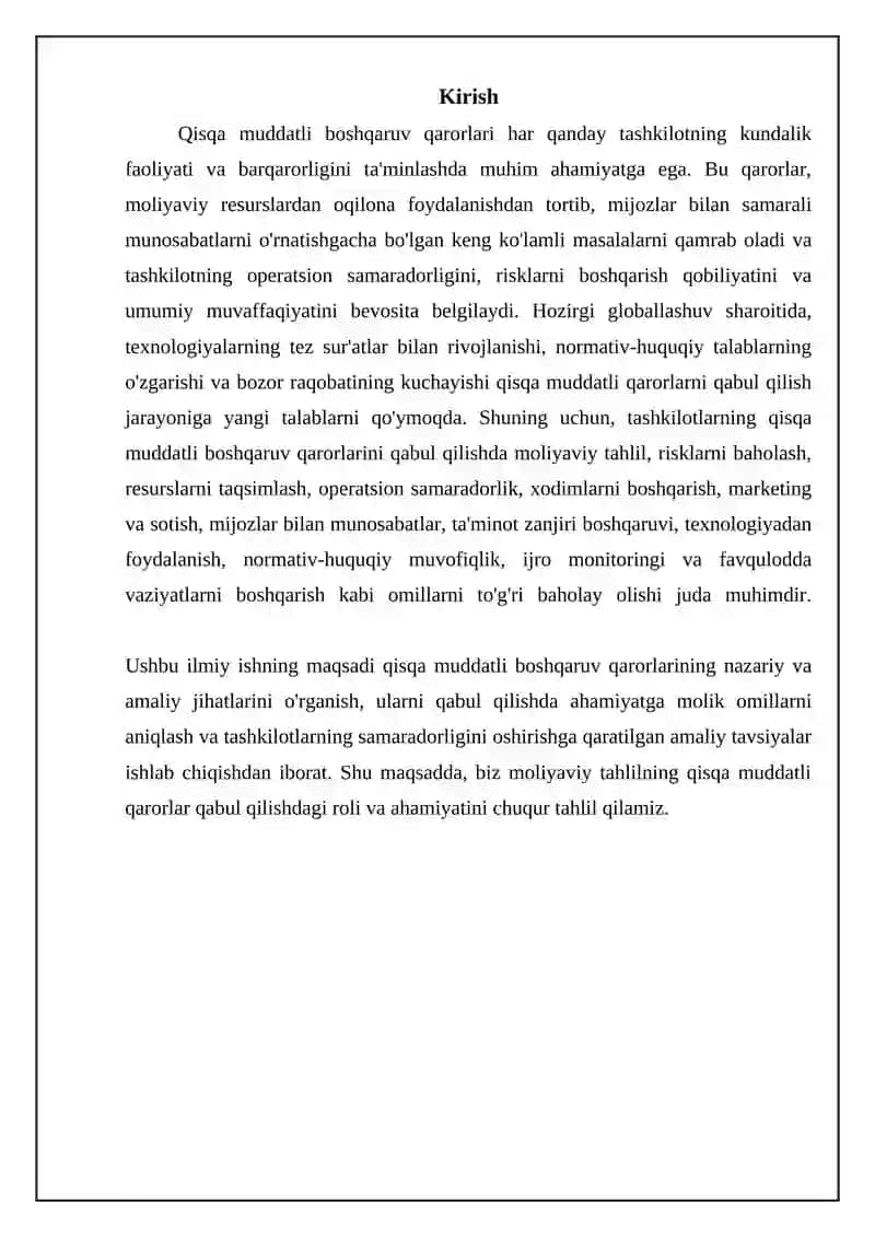 Qisqa muddatli boshqaruv qarorlari: Asosiy yo'nalishlar 3