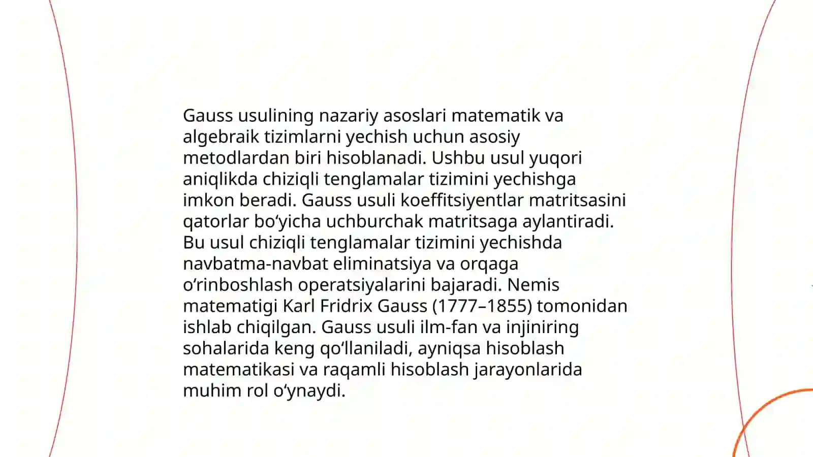 Chiziqli tenglamalar sistemasini ishlashning Gauss usuli. Chiziqli tenglamalar sistemasini ishlashning Kramer usuli. Chiziqli tenglamalar sistemasini yechishning teskari matritsa usuli 3
