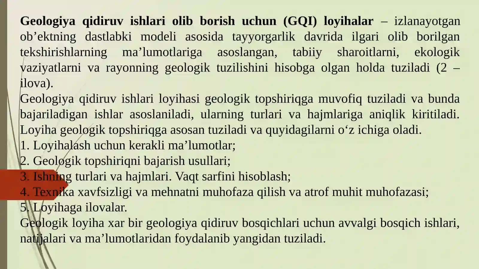 Geologiya ishlarni loyihalashtirish va tashkillashtirish faniga kirish, fanning maqsad va vazifalari. Geologik loyiha tuzishda foydalaniladigan geologik me’yoriy hujjatlar 3