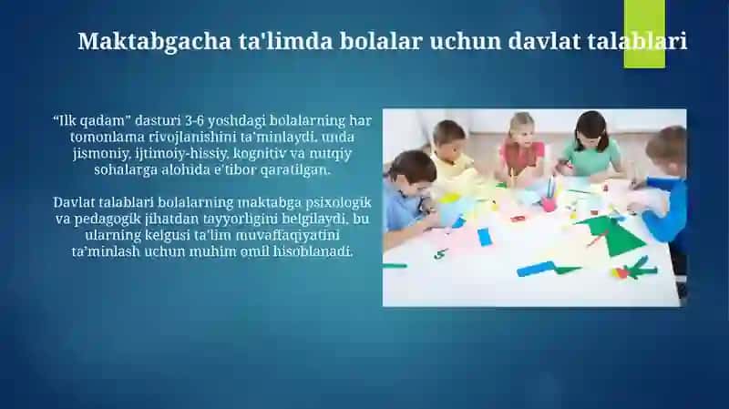 Davlat talablari bolalarning maktabga psixologik va pedagogik jihatdan tayyorligini belgilaydi 3