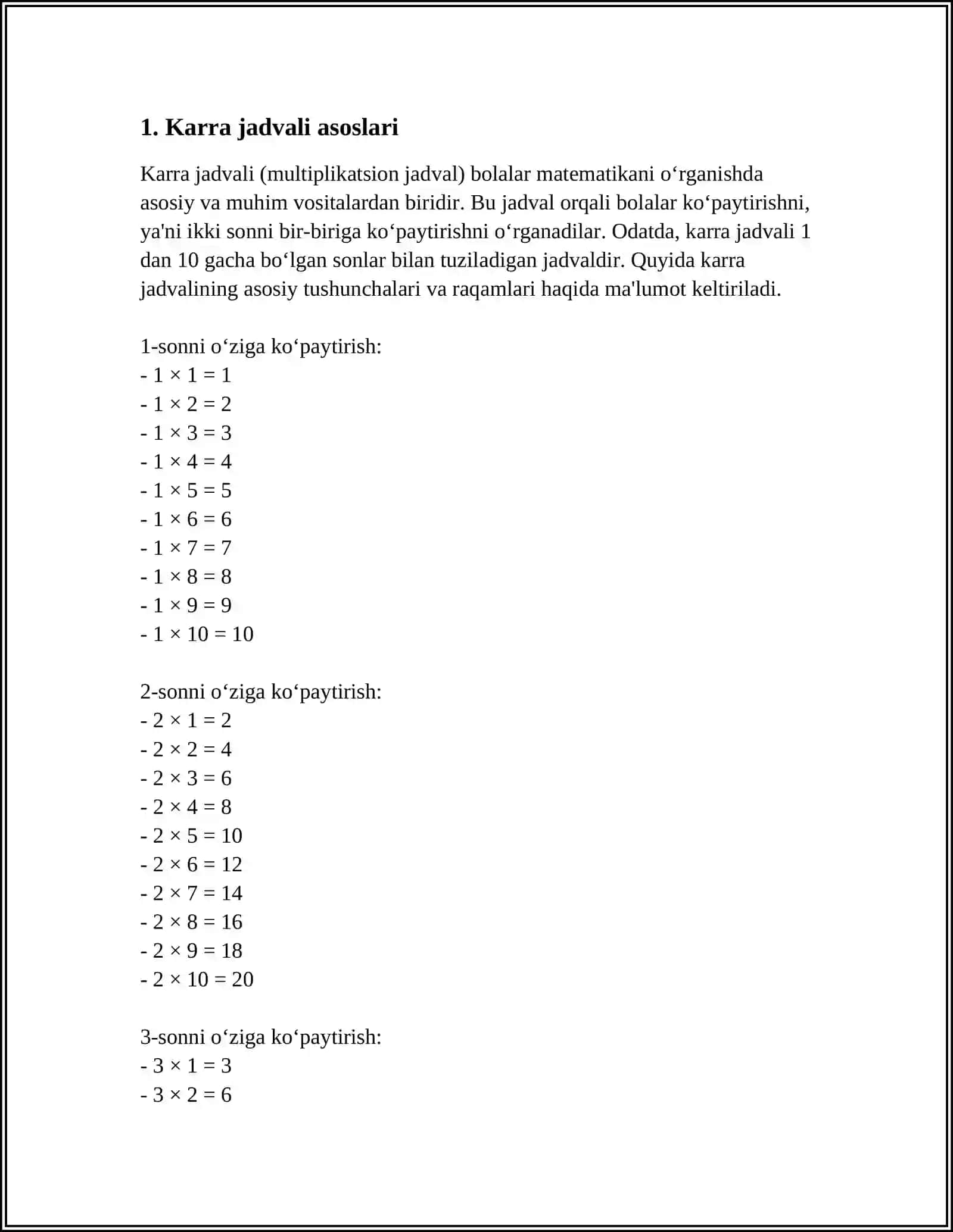 Karra jadvali (multiplikatsion jadval) 3