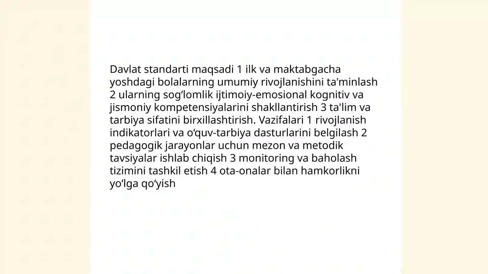 Oʻzbekiston Respublikasining ilk va maktabgacha yoshdagi bolalar rivojlanishiga qoʻyilgan davlat standarti 3