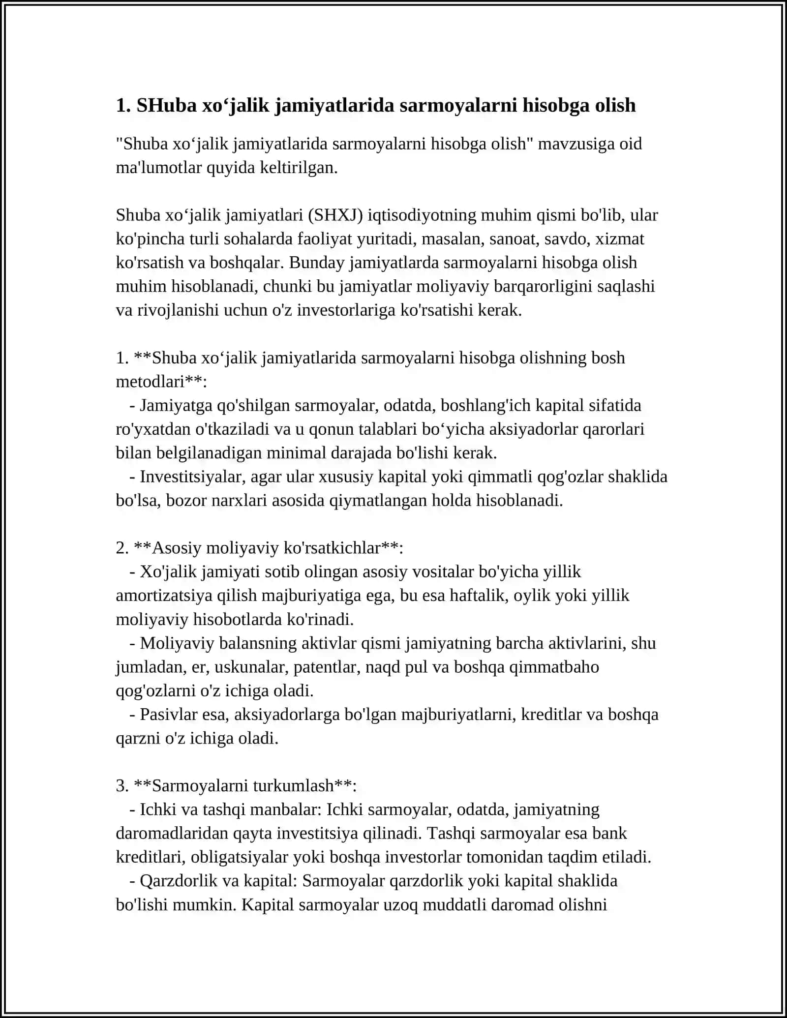 SHUBA XOʻJALIK JAMIYATLARIGA SARMOYALARNI HISOBGA OLISH VA KONSOLIDATSIYALASHGAN MOLIYAVIY HISOBOTLAR 3