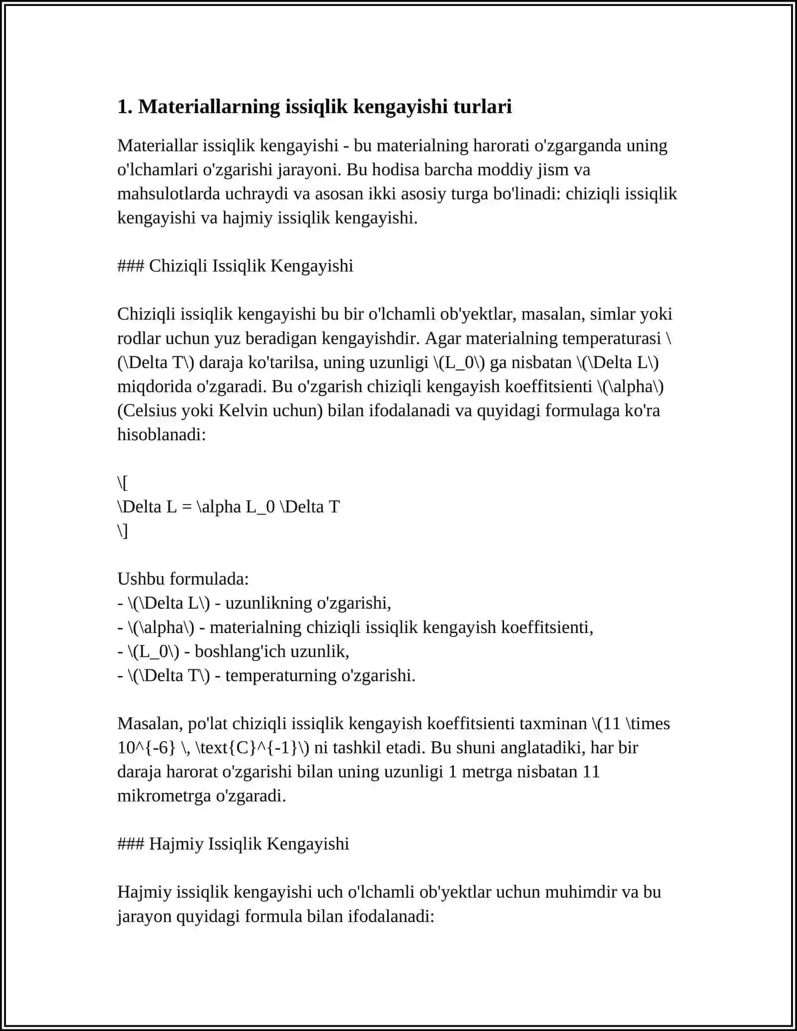 MUSTAQIL ISH Mavzu: MATERIALLARNING ISSIQLIK KENGAYISHI 3