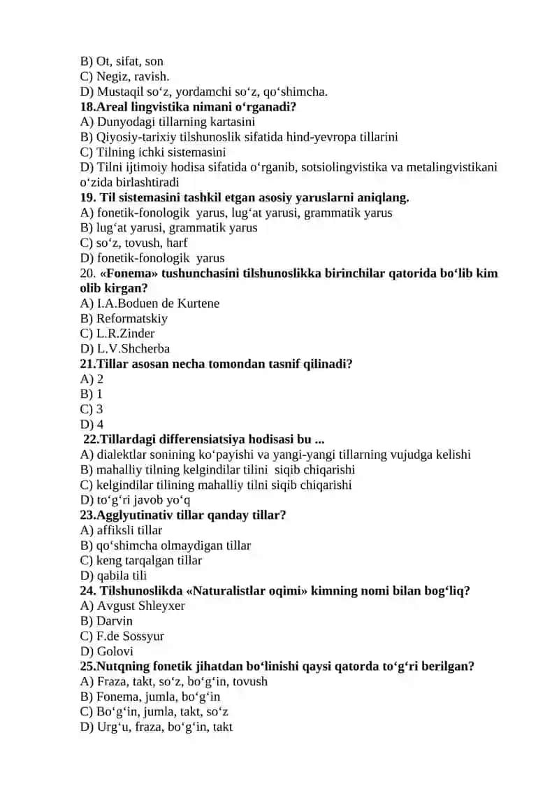 Tilshunoslik fanidan test savollari 3