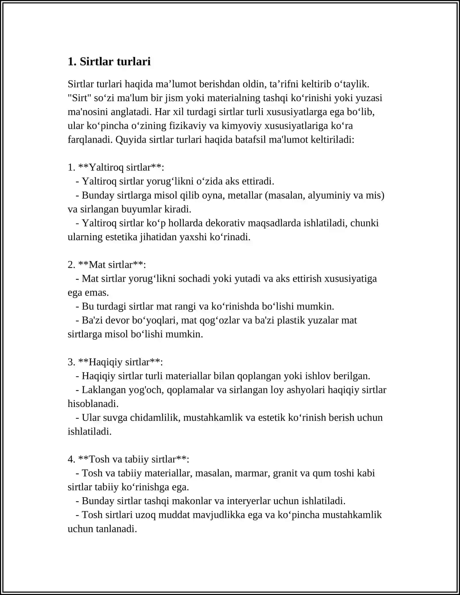 SIRTLAR. SIRTLARNING KLASSIFIKATSIYASI.SIRTLARNING OʻZARO KELISHUVI 3