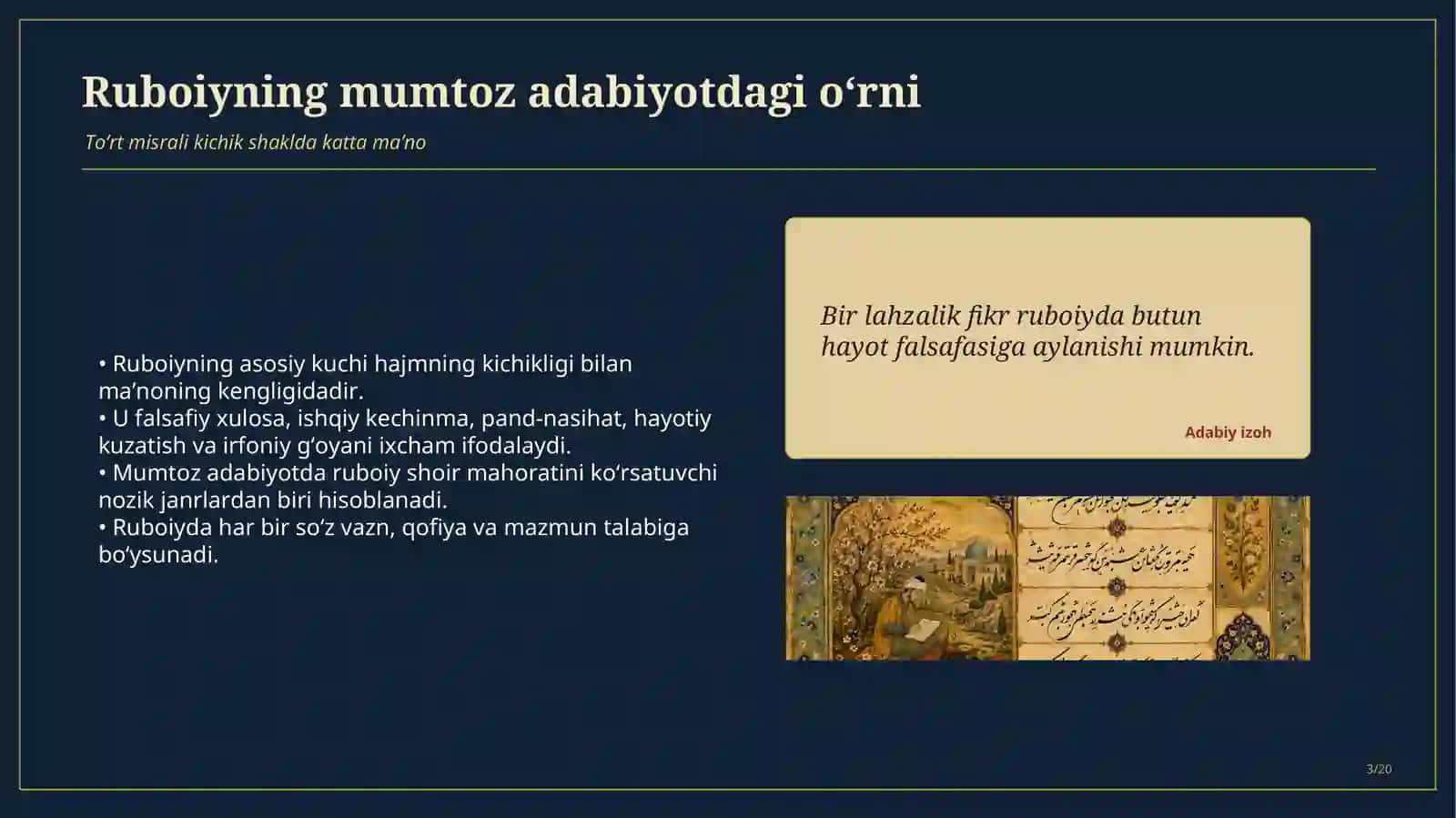Ruboiy vazni. Mumtoz adabiyotimizda ruboiyning alohida o‘ringa egaligi. Ruboi vaznining o‘ziga xosligi. Ruboiy vaznini shakllantiradigan ruknlar. Axrab va axram shajarasi. 3