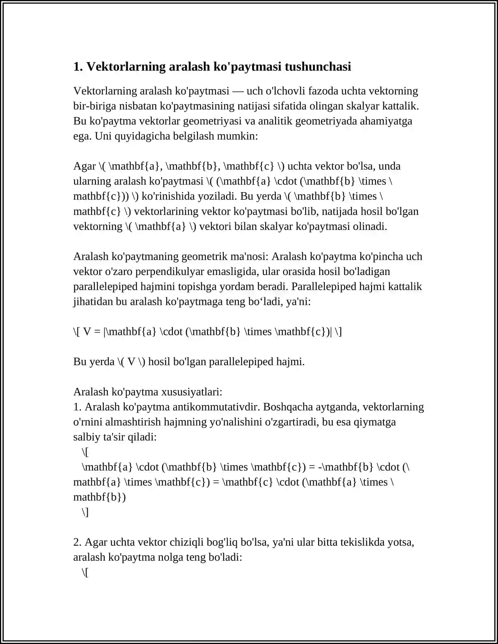 VEKTORLARNING ARALASH KOʻPAYTMASINING XOSSALARINING ISBOTLANISHI 3