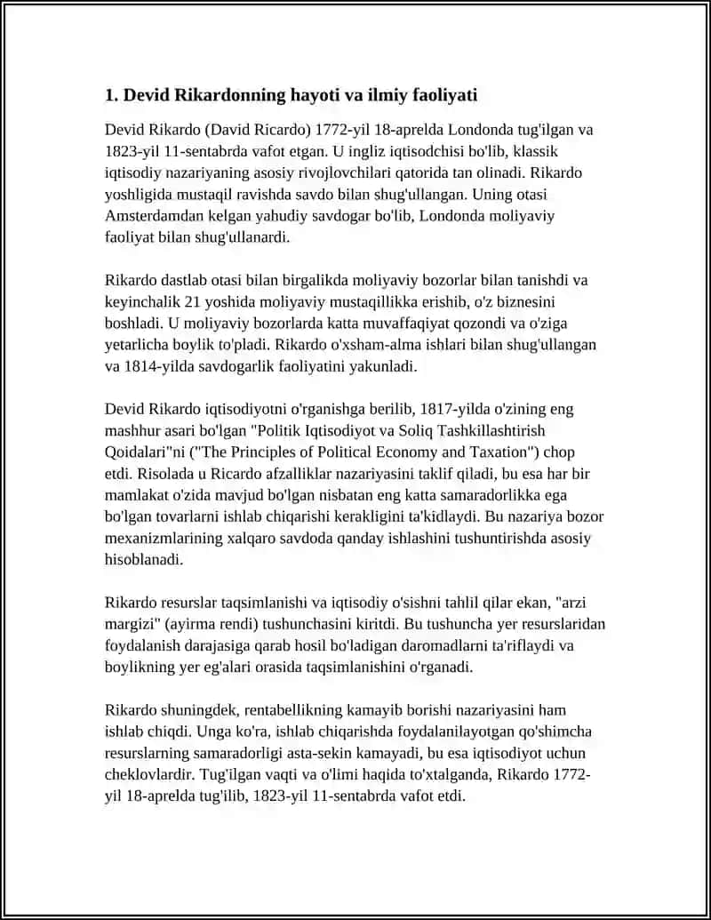 BUYUK IQTISODCHI OLIM TA'LIMOT VA TADQIQOTLARINI O'RGANISH,DEVID RIKARDO 3