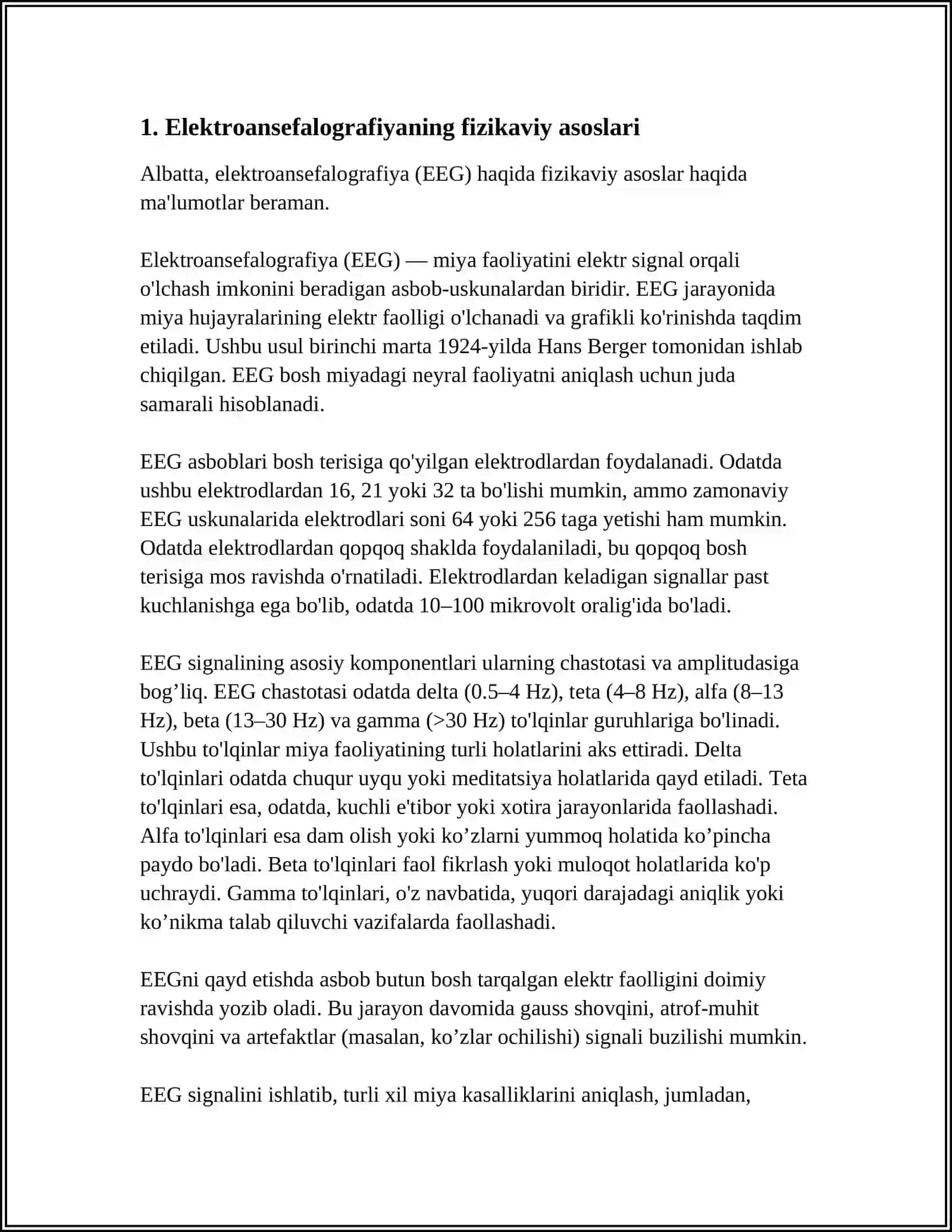 ELEKTROANSEFALOGRAFIYA (EEG), ELEKTROKORTIKOGRAFIYA (EKG), MAGNITOENSEFALOGRAFIYA (MEG) USULLARNING ISHLASHI 3