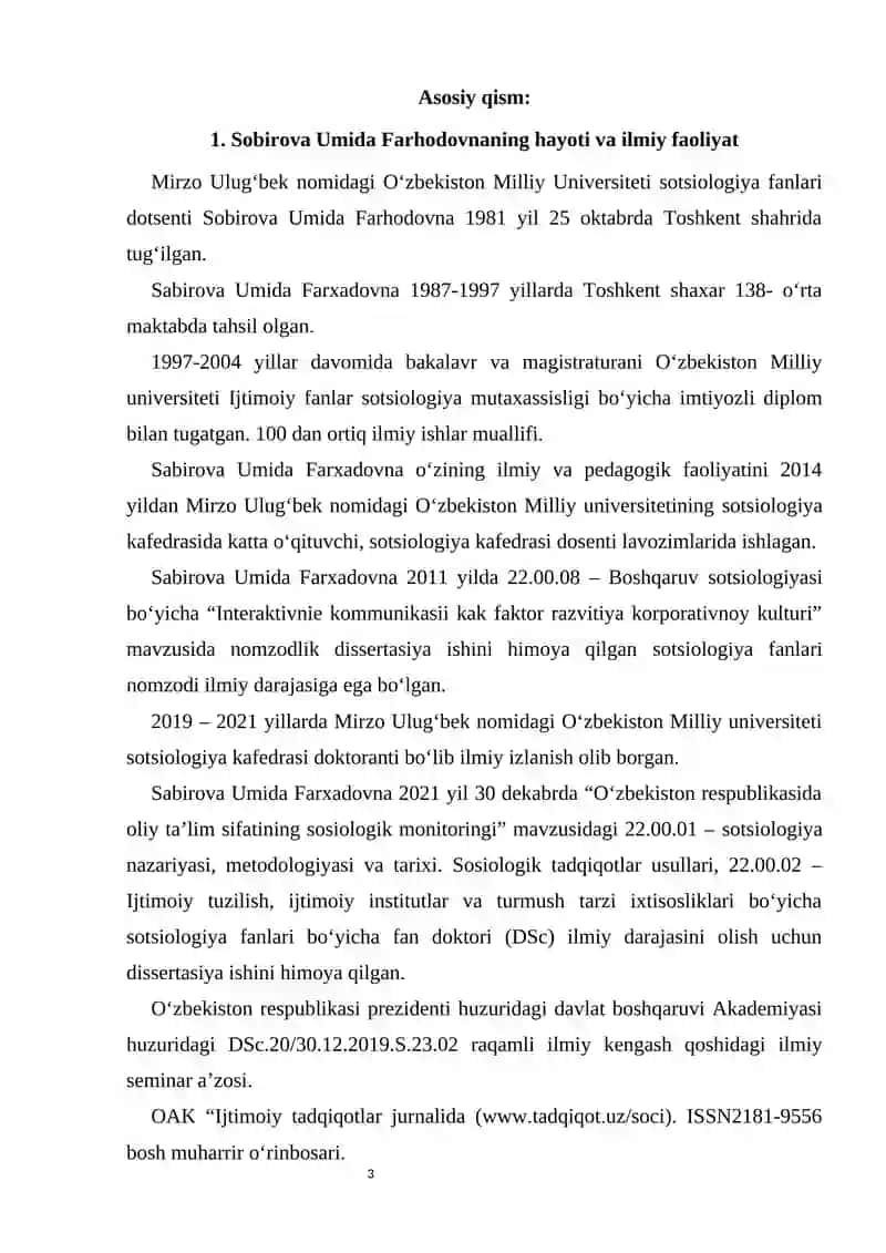 Sotsiologiya Fanlari Doktori Professor Sobirova Umida Farhodovnaning Hayoti va Ilmiy Faoliyati 3