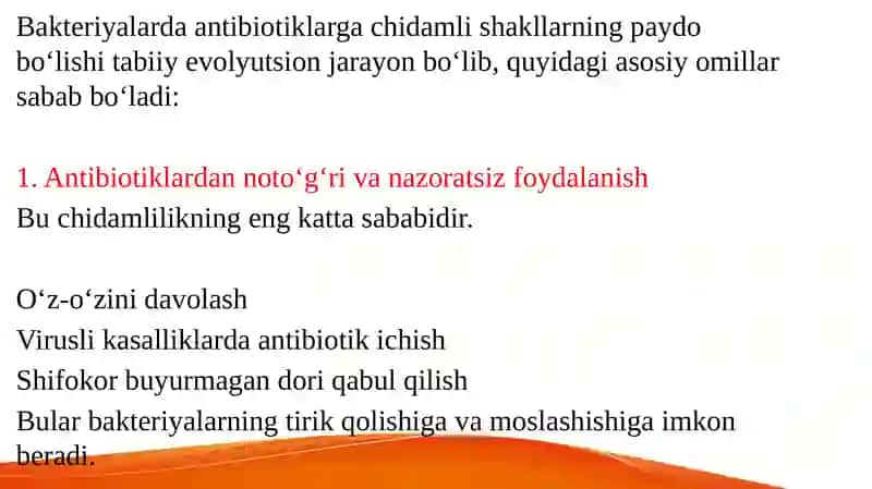 Bakteriyalarning antibiotiklarga chidamli shakillarini paydo bo'lish sabablari 3