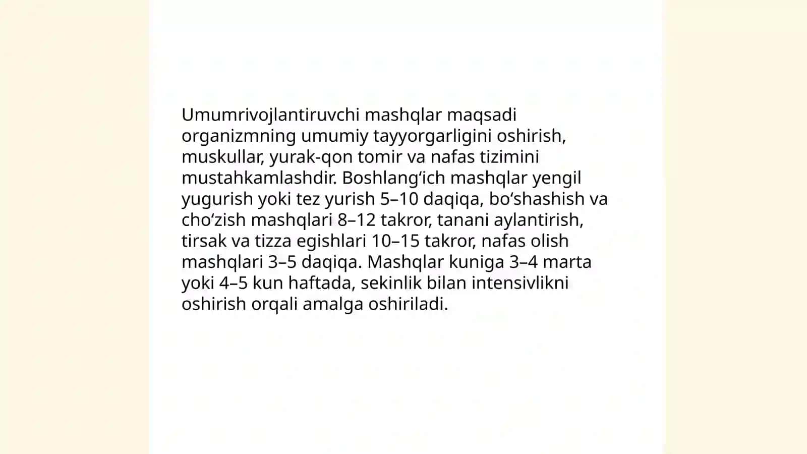 Reja: Umumrivojlantiruvchi va maxsus mashqlar texnikasi bilan tanishtirish oʻrgatish 3