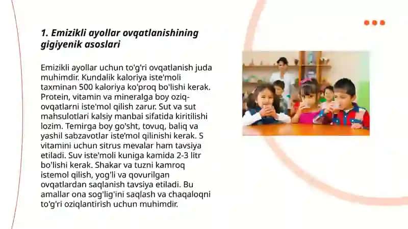 Emizikli ayollar, bolalar va o'smirlar ovqatlanish gigiyenasi asoslari, ovqatlanish jihatlari. 3