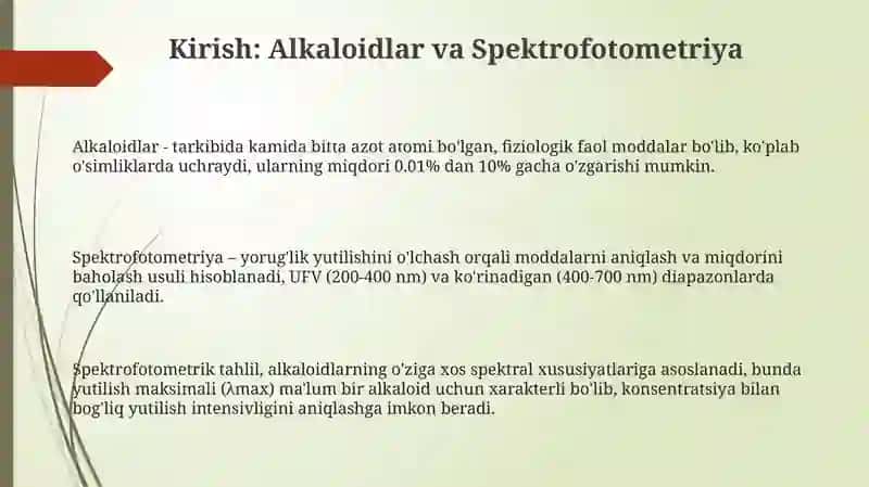 Alkaloidlarni spektrofotometrik usullar yordamida sifat va miqdoriy aniqlash 3