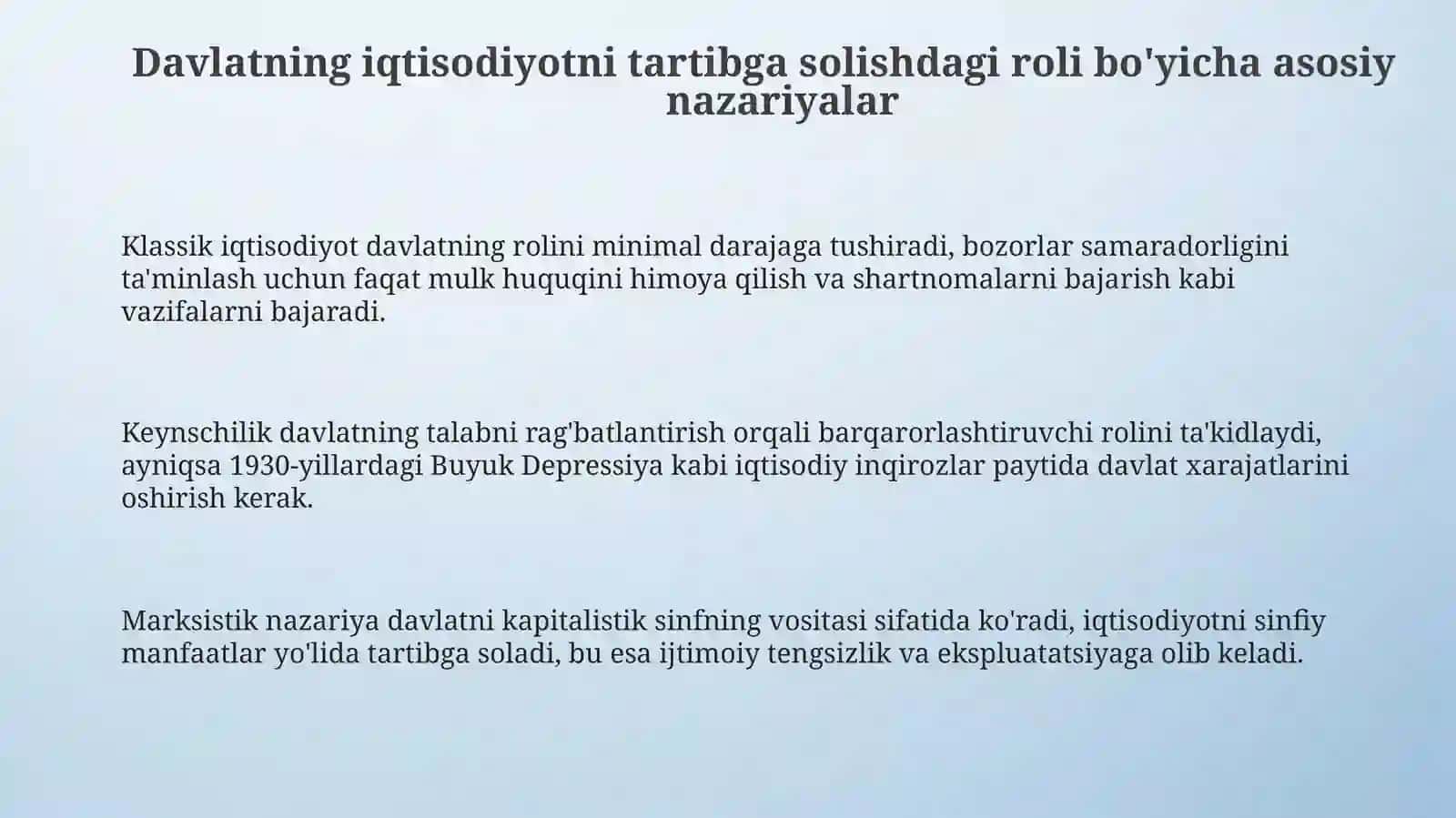 Milliy iqtisodiyotni tartibga solishda davlatning roli haqidagi nazariyalar va qarashlar 3