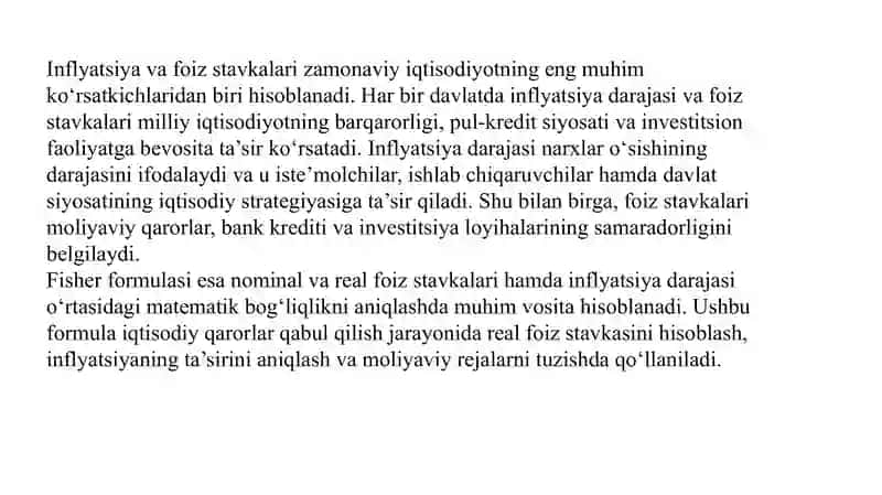 Inflyatsiya darajasi, foiz stavkalari va Fisher formulasi hamda uning o‘ziga xos xususiyatlari slayd 3